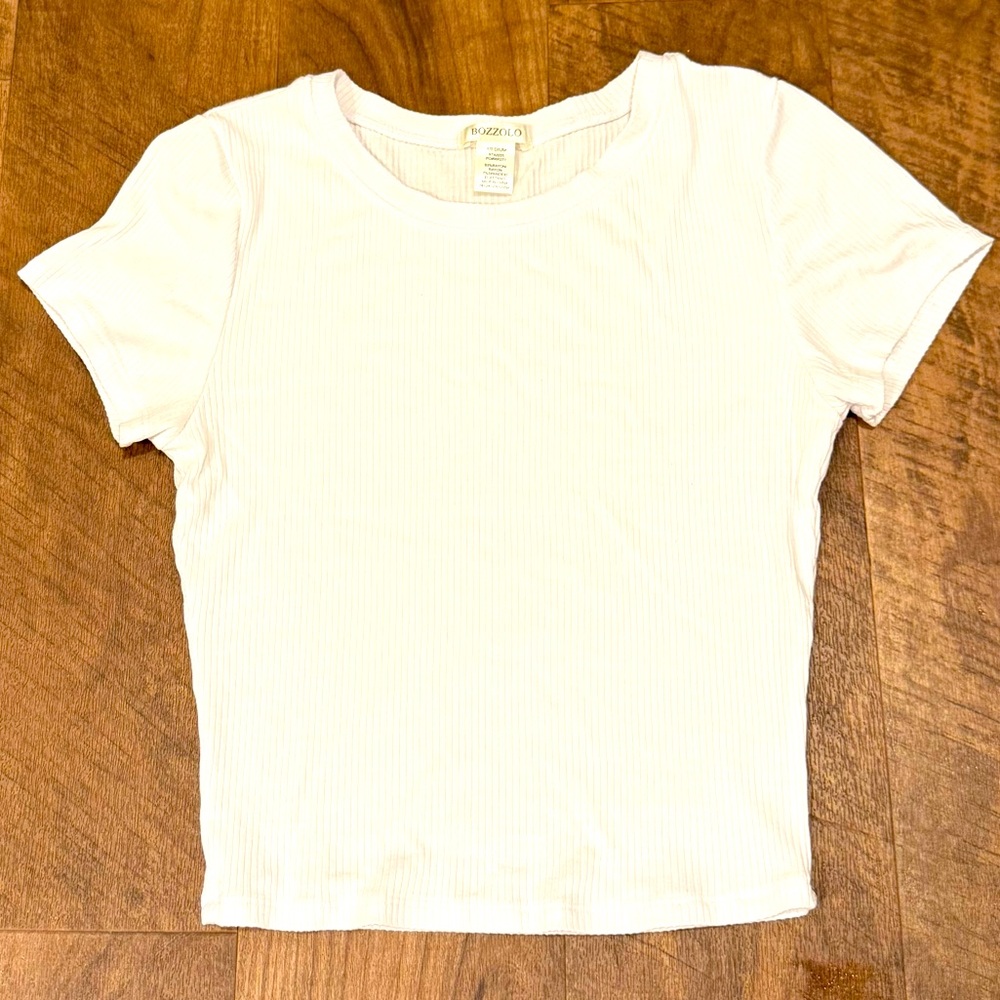 White Ribbed Short Sleeve Tee Cropped Minimalistic Size Juniors Med
